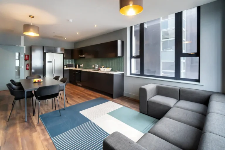 A dining and social area at Copley. There is a sofa on the right, and a kitchen dining area on the left.